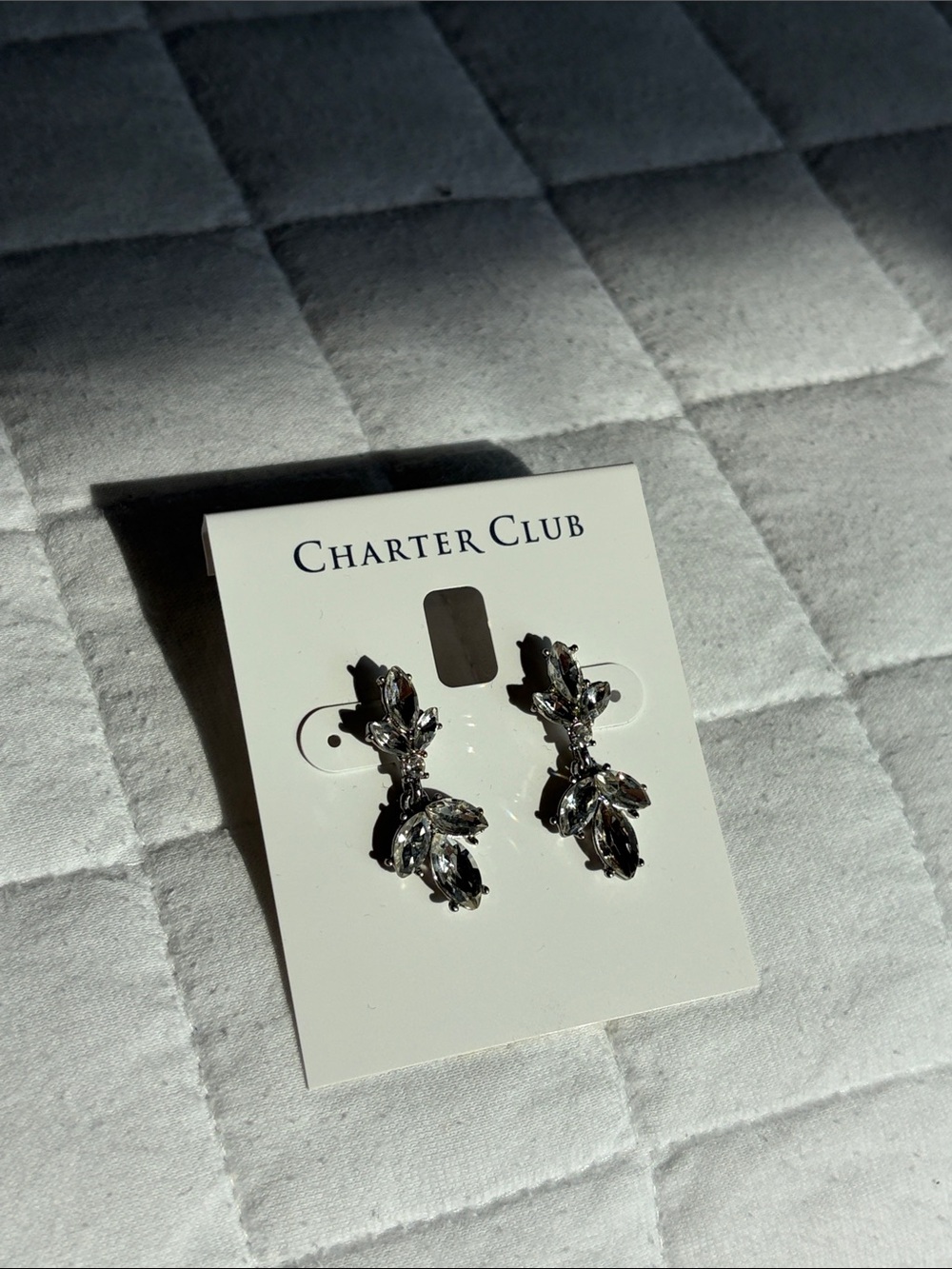 NWT Charter Club Silver-Tone Rhinestone Crystal Leaf Drop Earrings